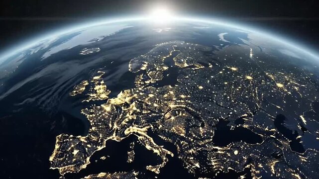 An awe-inspiring aerial view of our planet at night, showcasing the illuminated cityscape grid across a vast continent, twinkling with the vibrant energy of human civilization. The gentle curve of the