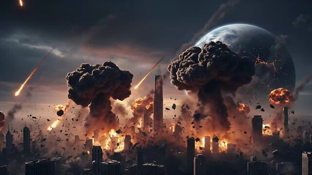 An apocalyptic vision unfolds as a catastrophic barrage of flaming celestial objects descends upon a sprawling futuristic metropolis. Enormous explosions erupt across the city skyline, engulfing tower