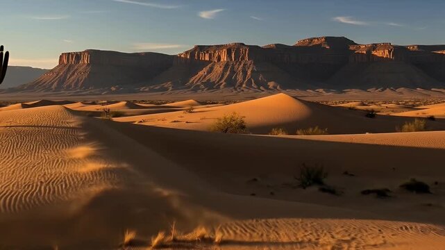 An awe-inspiring panoramic view of a vast desert landscape bathed in the warm, golden light of sunrise or sunset. Majestic sand dunes undulate across the foreground, their rippled surfaces casting lon