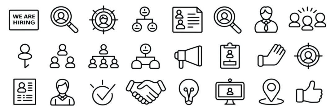 job application and teamwork icon set for hiring workflow.
