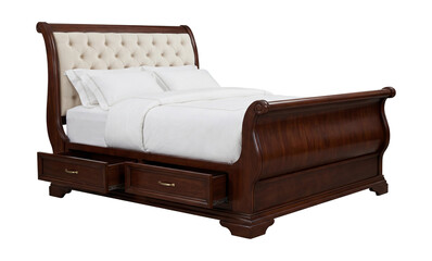 Sleigh bed with ornate detailing and under-bed drawers.