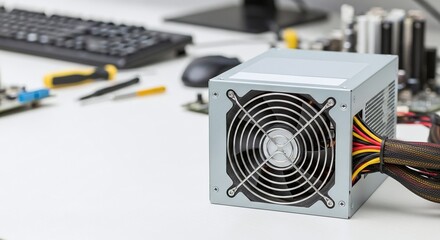 Portrait of a PC Power Supply Unit on IT Technician Desk with Copy Space