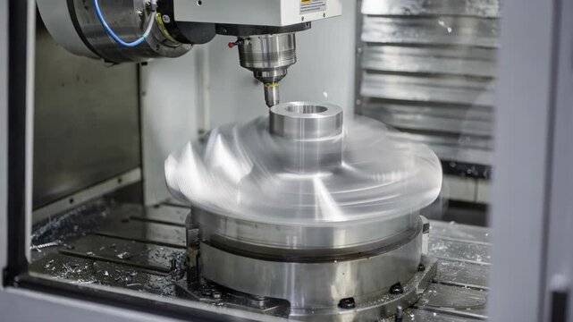 Dynamic medium view of a fiveaxis CNC machine threading an impeller hub focusing on synchronized cutting axes and fine surface finish on a curved technical part.