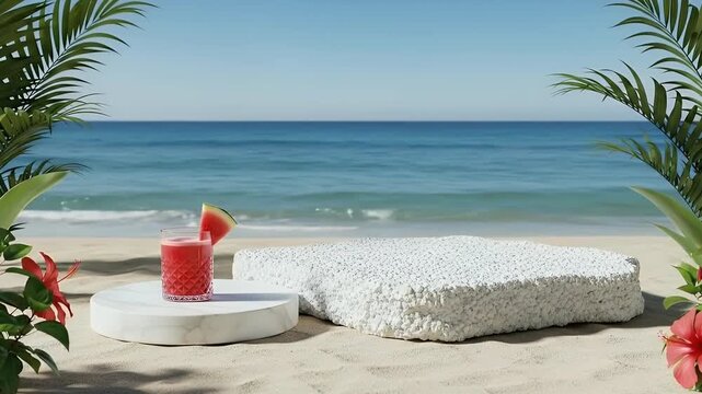 An idyllic tropical beach scene unfolds under a clear blue sky, featuring a serene ocean meeting a pristine sandy shore. Lush green palm fronds and vibrant red hibiscus flowers frame the inviting fore