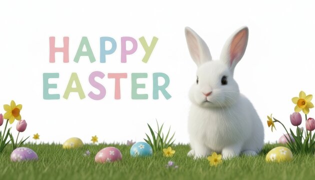 Happy Easter greeting with a cute white bunny sitting on green spring grass among pastel painted eggs and blooming flowers, isolated on white background, symbolizing joy, renewal, innocence, spring wa