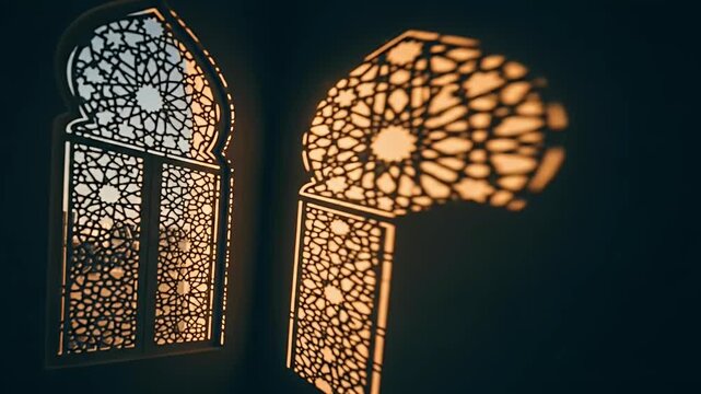 An intricately designed window frame showcases beautiful geometric patterns, allowing warm, golden sunlight to filter through its delicate cutouts. The radiant light casts a stunning, elaborate shadow