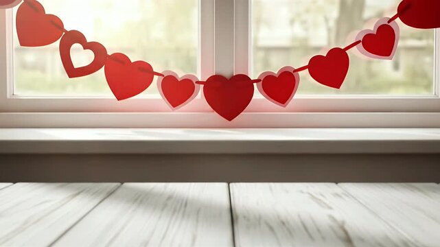 An inviting, empty rustic white wooden table surface occupies the foreground, offering a clean, versatile space for creative overlays. The background features a softly diffused window, through which g