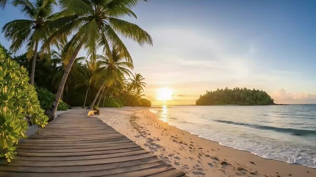 Experience the breathtaking beauty of a serene tropical paradise as a golden sun dips towards the horizon, casting a warm, ethereal glow across the tranquil ocean. A rustic wooden boardwalk invites vi