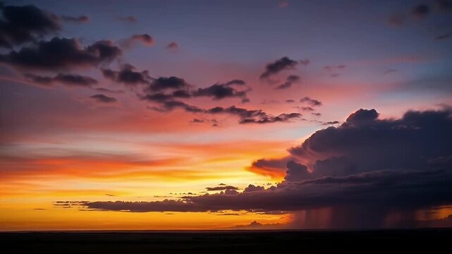 Experience the breathtaking drama of a vibrant sunset sky unfolding across the horizon. This captivating scene showcases a spectacular array of colors, from fiery oranges and golden yellows to soft pi