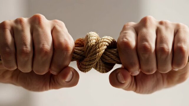Mans hands pulling on rope with tightening knot. Concept of hard work, difficulty, and trying to untangle life problems.