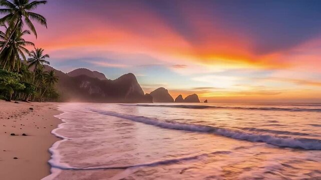 Experience the serene beauty of a tropical beach at the cusp of dawn or dusk, where the sky explodes in a magnificent display of oranges, pinks, and purples. Gentle waves lap softly onto a pristine sa