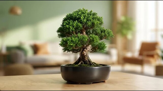 Green Japanese bonsai tree in black pot on wooden table in modern living room with blurred background