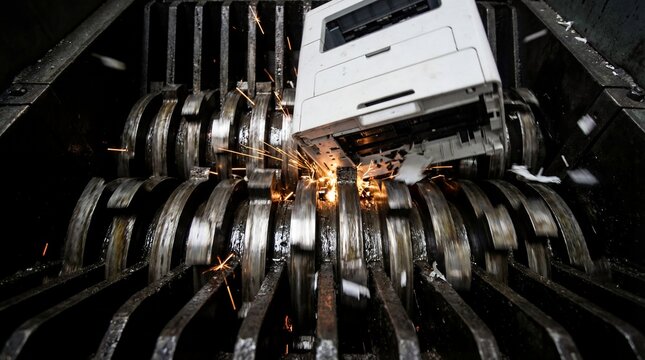 Industrial shredder destroying electronic device metal parts sparks