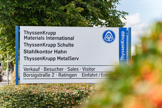 ThyssenKrupp Materials International directory sign outside an industrial campus in Ratingen