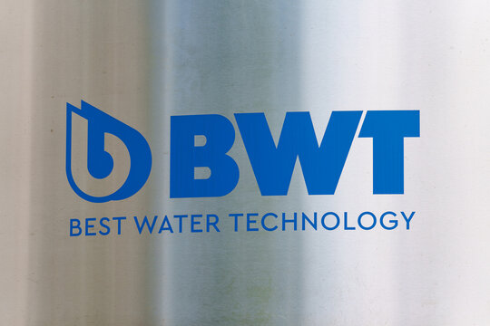 BWT Best Water Technology logo printed on a metal stand at a D&uuml;sseldorf facility