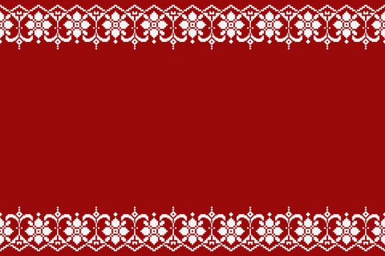 Red and white pixel border pattern with symmetrical folk ornaments framing an open center. Decorative geometric layout for textile, background, and surface applications.