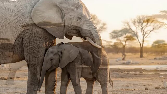 The video captures a tender interaction between a majestic adult elephant and its adorable calf in a sun-drenched, arid wilderness. Bathed in the warm glow of either sunrise or sunset, the massive pac