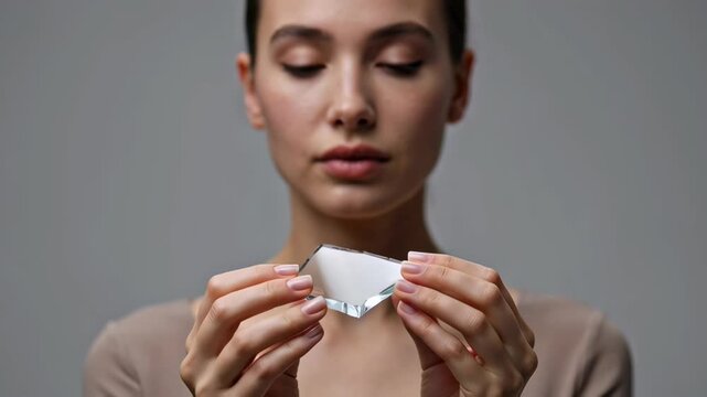 Woman looking at glass and paper shards, representing fragile reality and the mental burden of unresolved problems.