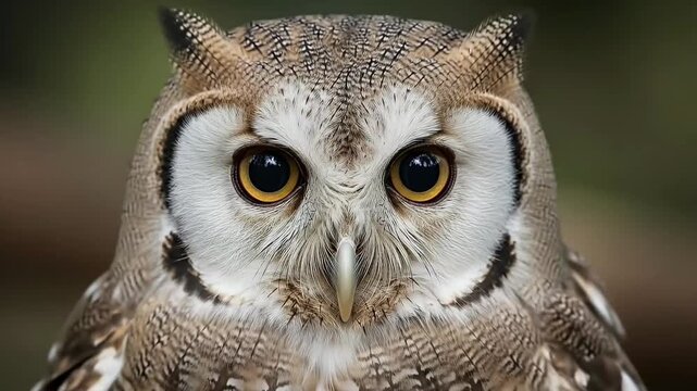 This captivating close-up features the intense gaze of a magnificent owl, directly facing the camera with its large, piercing yellow-orange eyes. The intricate details of its patterned feathers, a ble