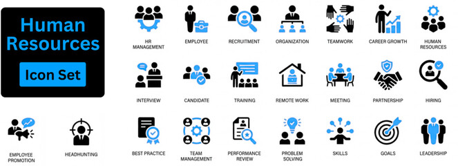 Human Resources icon set contain teamwork, recruitment, leadership, communication, motivation, and cooperation icons. Solid vector