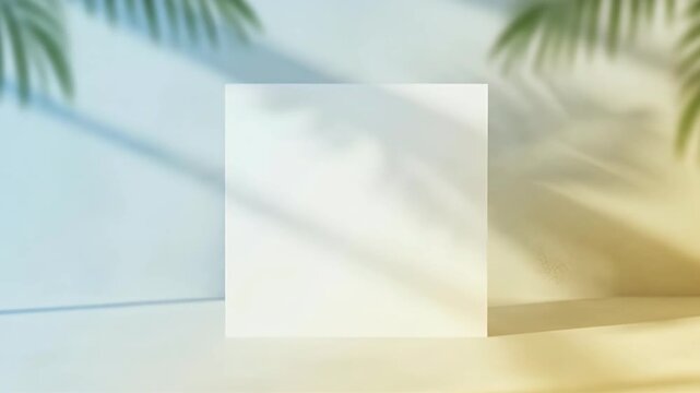 This clean and elegant tropical-themed background features a prominent blank square, ideal for showcasing products, text, or logos. Soft, natural light casts gentle, dancing shadows of palm leaves acr