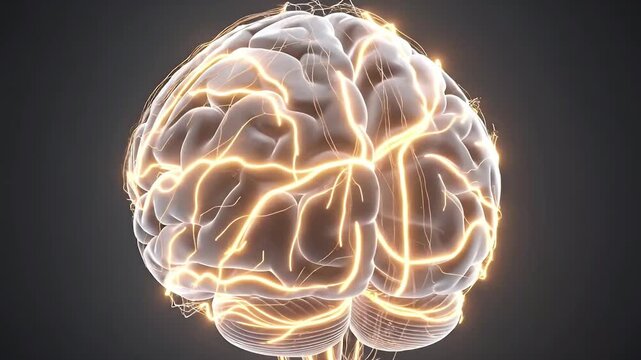 This compelling 3D animation showcases a detailed human brain model, illuminated by vibrant, glowing neural pathways that dynamically pulse with electrical impulses. The translucent cerebral cortex re