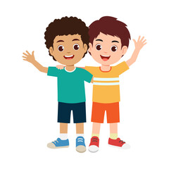 Two happy cute little boys best friend hugging each others. Cartoon flat character design