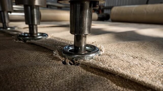 Medium frame capturing steel eyelet presses puncturing thick canvas fabric highlighting the mechanical action and rugged material preparation for industrial tarp production.
