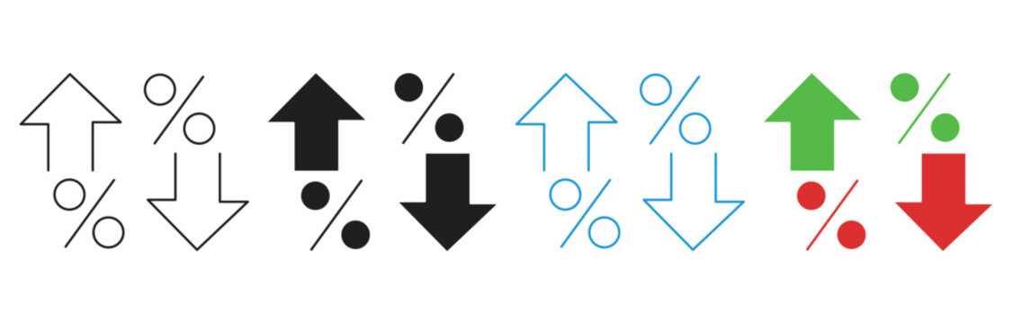 Percentage growth and decline icon set. Percent with arrows up and down. Increasing and reduction percentage. Growing and decline percent symbol ,Element for business, banking, credit, interest rate, 
