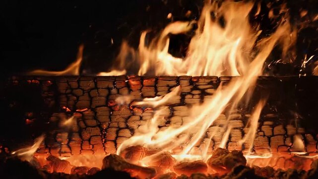 Dynamic footage of glowing embers and crackling logs burning in fireplace at night