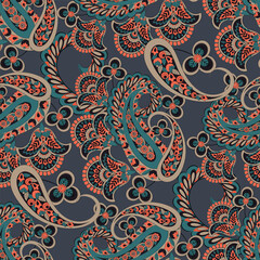 Fototapeta premium Madhubani, Kalamkari, Chinz, and Kani seamless vector pattern. Shirting fabric, Ajrakh and Ikat styles. Patola backdrop. Floral allover design