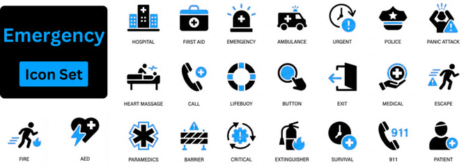 Emergency icon set Containing ambulance, lifebuoy, first aid, police, medical, emergency exit, hospital and SOS icons. Solid icon set.