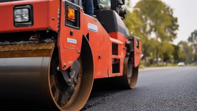 Sunny roadwork with steamroller