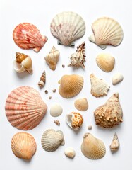 and keywords based on the image

 Assortment of seashells arranged on a plain white surface