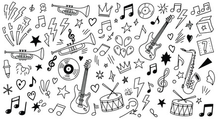 Hand drawn music doodles with instruments and notes. © Muginandaru