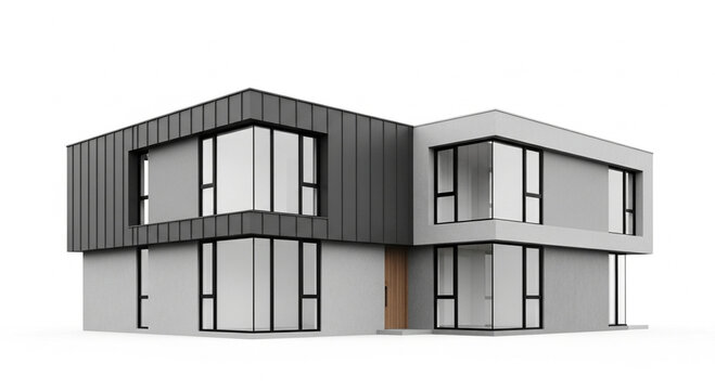 A 3d render of a small residential white house with a modern roof and window design, featuring a clean building facade isolated on a white background for real estate architecture and construction