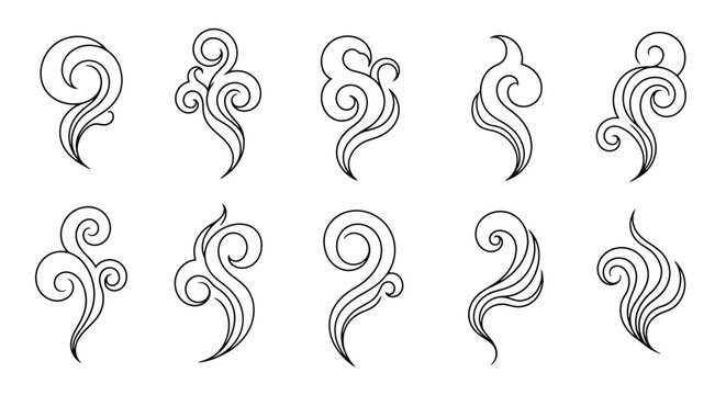 Set of ten hand drawn smoke or steam swirls in a minimalist line art style.