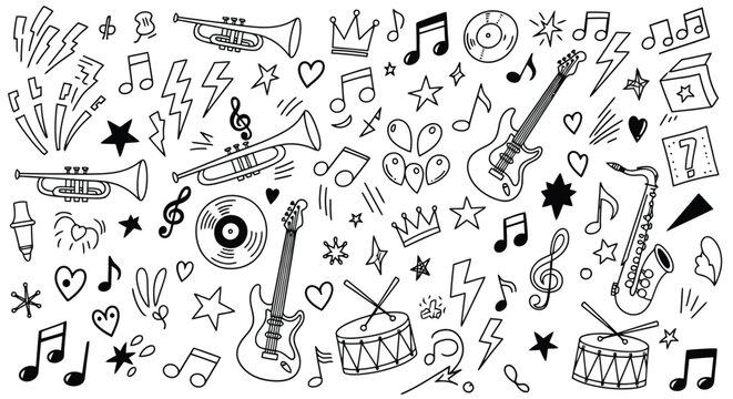 Hand drawn music doodles with instruments and notes.