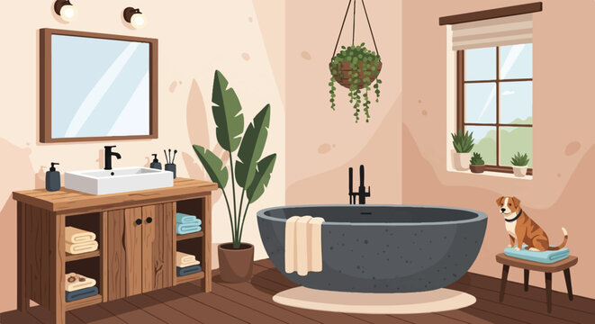 Cozy pixel art bathroom scene featuring a dog, plants, and a large tub