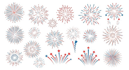 Vibrant collection of diverse fireworks explosions and bursts in various shapes and colors. © Muginandaru