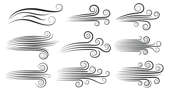 Set of various wind swirl and speed line elements.