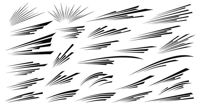 Dynamic speed lines and motion streaks set for graphic design elements.