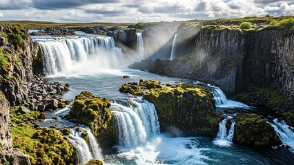 Obraz premium Majestic Godafoss Waterfall in Iceland with Lush Greenery and Dramatic Clouds.