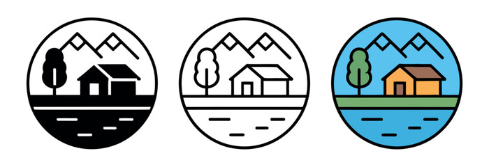 Cabin in the mountains by the water is presented in three distinct graphic styles for design.