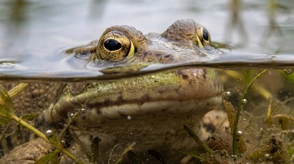 Split shot of frog emerging from pond water. Half submerged amphibian surrounded by aquatic plants and bubbles. Wildlife observation in freshwater habitat and nature exploration concept.