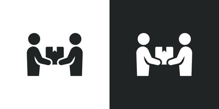 Delivery service icon showing two people exchanging a cardboard box package for shipping logistics. Solid vector symbol illustration