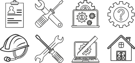 Obraz premium A collection of repair and maintenance icons, all rendered in a simple, clean, and minimalistic line art style, with a transparent background. The icons are consistently black and white, devoid of col
