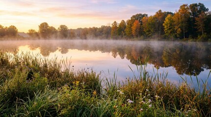 Obraz premium Serene misty pond at autumn dawn with colorful tree reflections in calm water. Peaceful wetland landscape featuring reeds and foliage. Nature exploration and environmental tranquility concept.