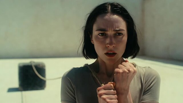 Woman with short dark hair unable to release a rope from a heavy block, representing a struggle with problems