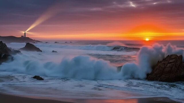 Witness the breathtaking spectacle of powerful ocean waves relentlessly crashing against a rugged, rocky coastline, illuminated by the vibrant, fiery hues of a dramatic sunset. The sky is painted in b